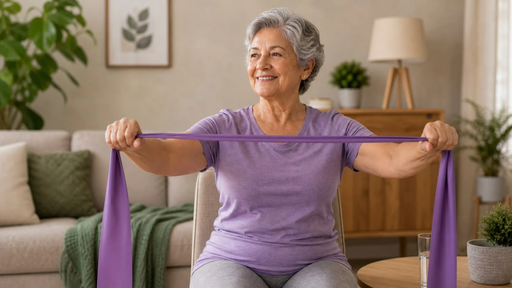 Mulher de aproximadamente 70 anos realizando exercício de recuperação