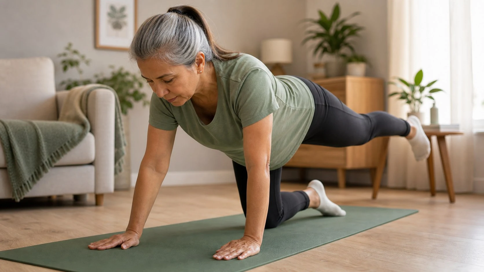 Mulher de aproximadamente 65 anos realizando exercício para prevenção de quedas